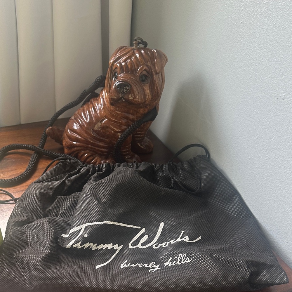 Timmy Woods Brown Charpei Dog Wooden Purse With Black Drawstring Women’s Bag